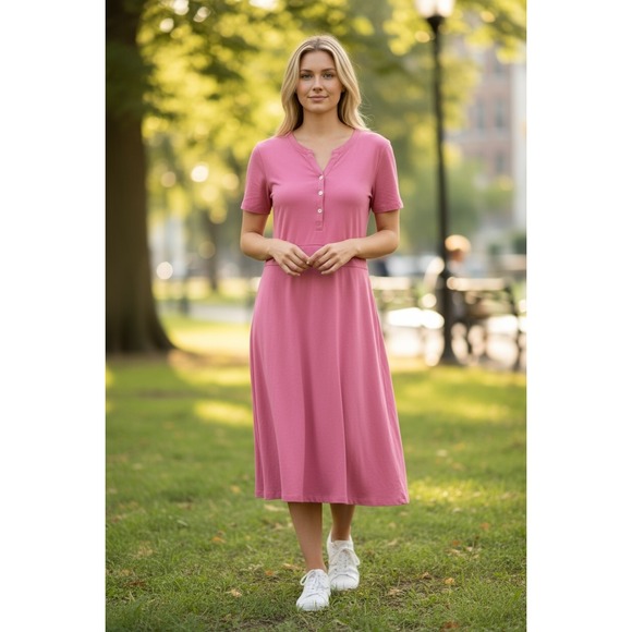 eshakti Dresses & Skirts - eShakti Pink Button Front Knit‎ Midi Dress Short Sleeve Casual Womens Size 4